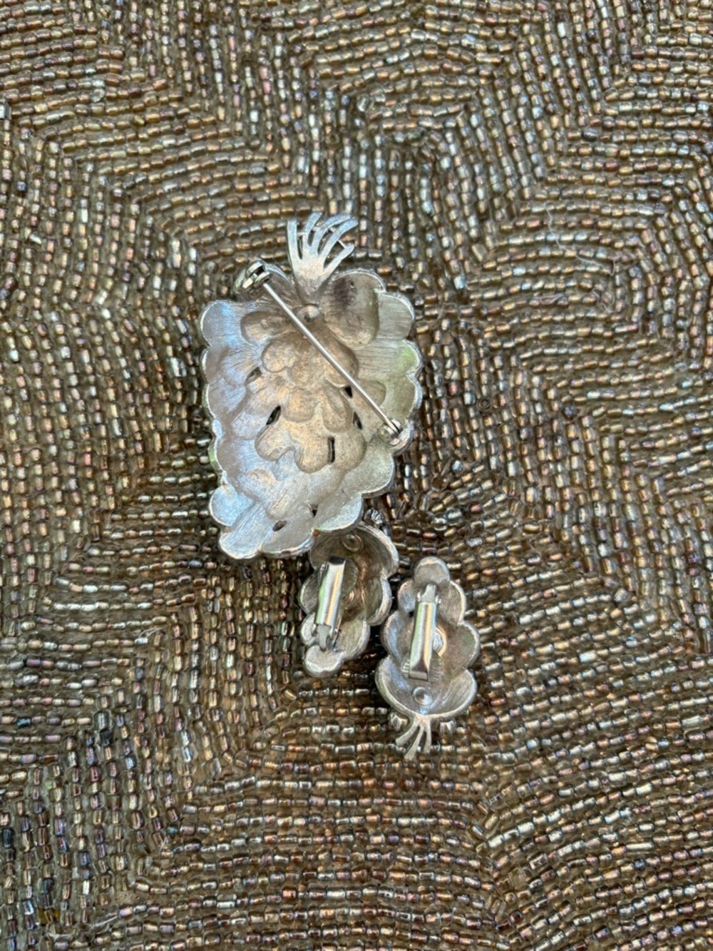Vintage Crystal Pinecone Brooch and Clip-On Earrings - Silver Tone - Picture 3 of 9
